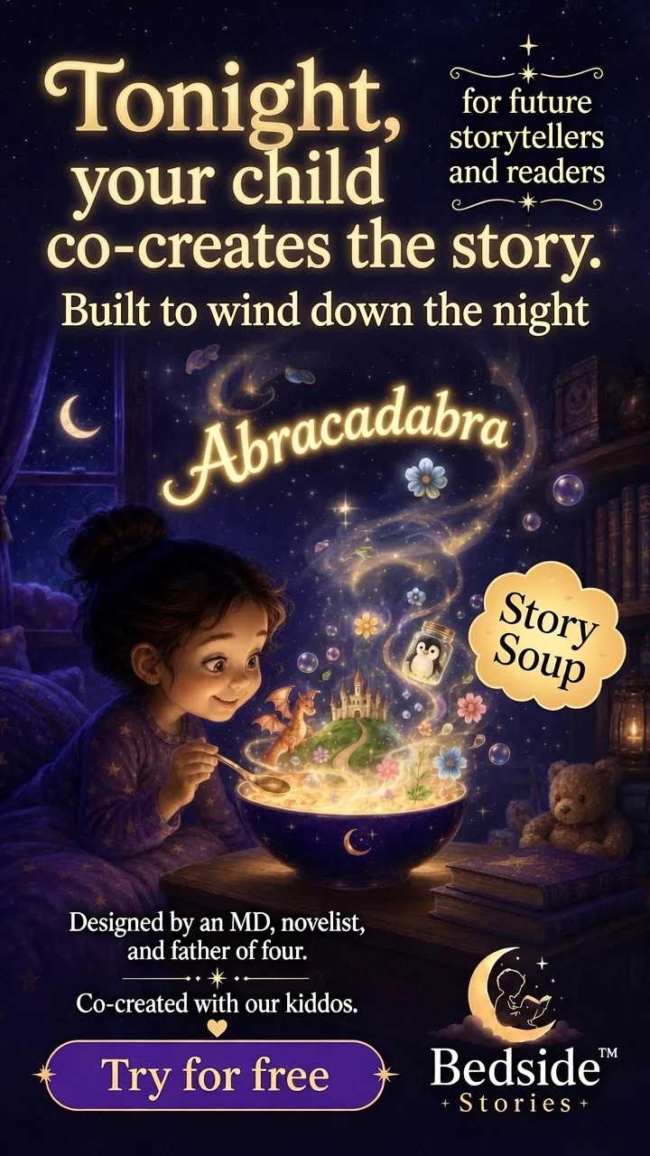 Tonight, your child co-creates the story. Built to wind down the night. For future storytellers and readers. Story Soup — a child stirs a glowing bowl as a castle, dragon, penguin, and flowers rise from it with the magic word Abracadabra. Designed by an MD, novelist, and father of four. Co-created with our kiddos. Try for free.